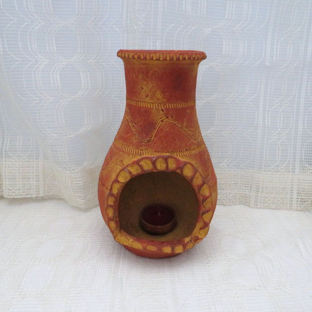 Vintage Orange Chiminea with Tea Light Handmade Mexican Pottery Mexican Decor